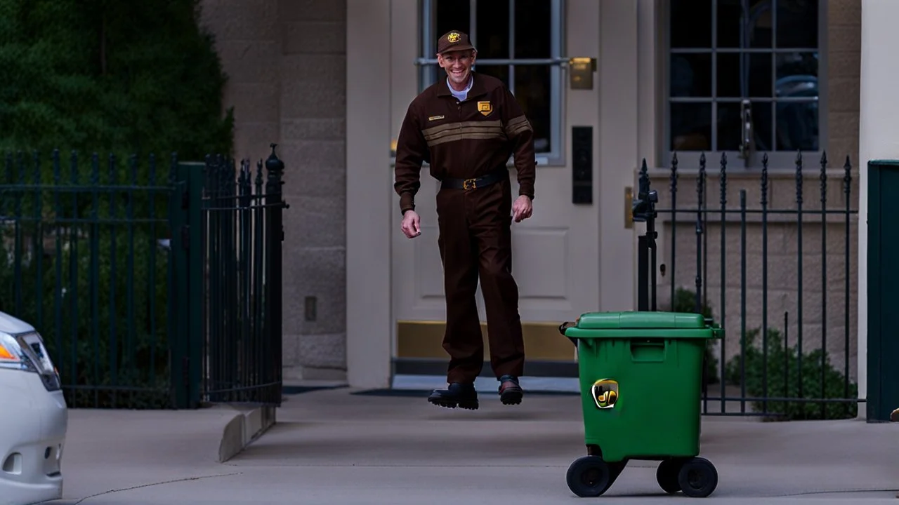 UPS delivery man in green crocs is at the gate