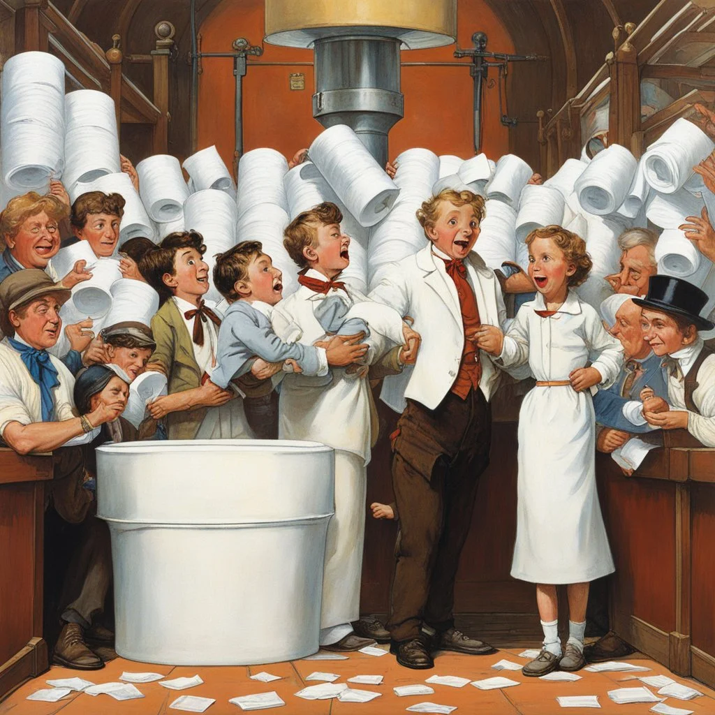 [art by Norman Rockwell] the longest toilet paper in the world, in Charlie's chocolate factory