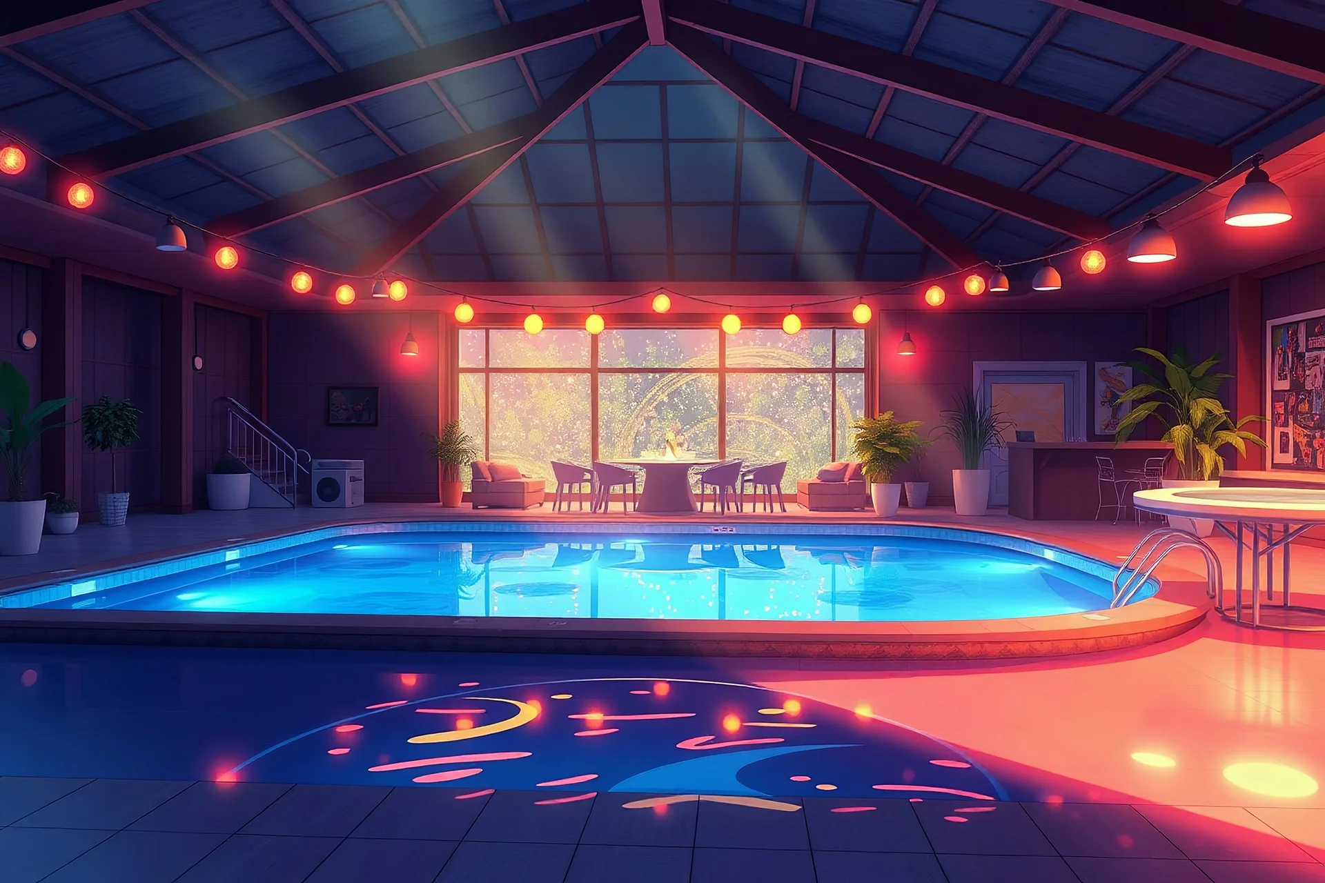 party pool area interior view,day time, anime style background