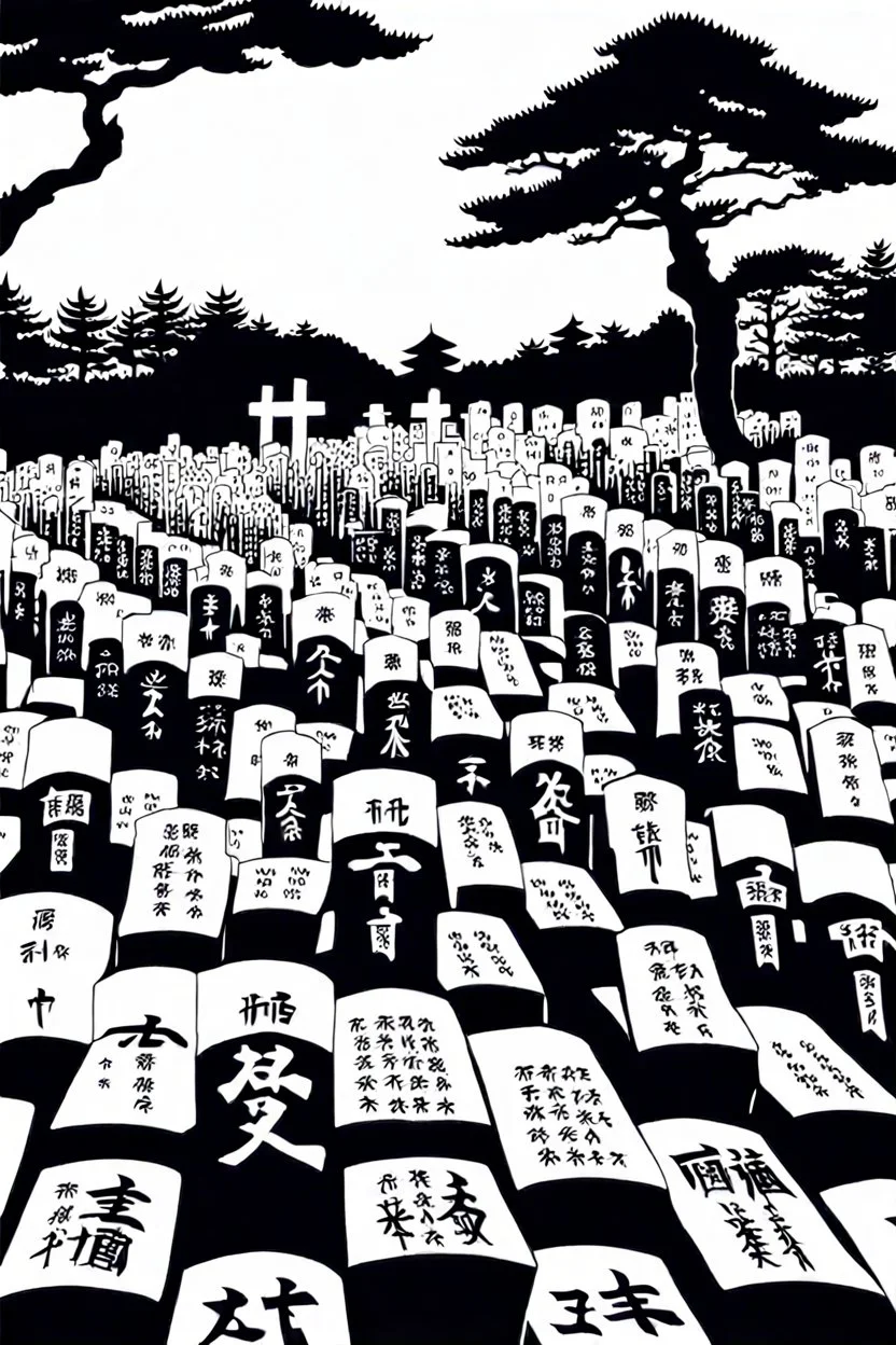 landscape, Japanese open air flat cemetery with thousand Japanese gravestones, high detail, manga style, grayscale