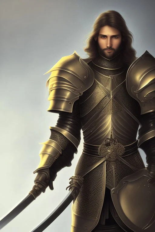 A handsome 30 year old knight, black hair, male bob haircut, in black-and-gold plate armor, golden katana in both hands, no beard, european