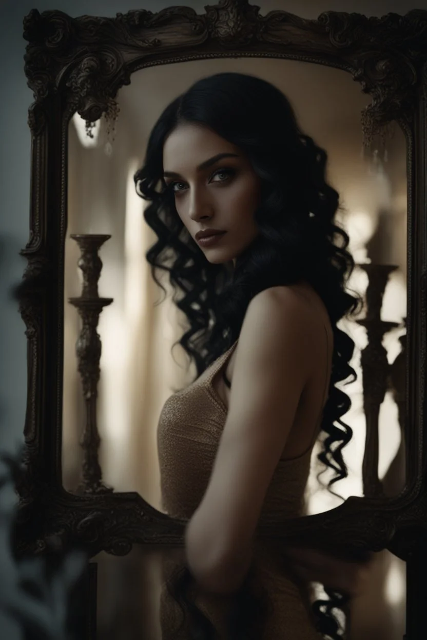 Close up of a beautiful woman with long curly black hair looking at a mirror but her reflection in the mirror is a dark demon with intense scary eyes. Super realistic, 8k high quality