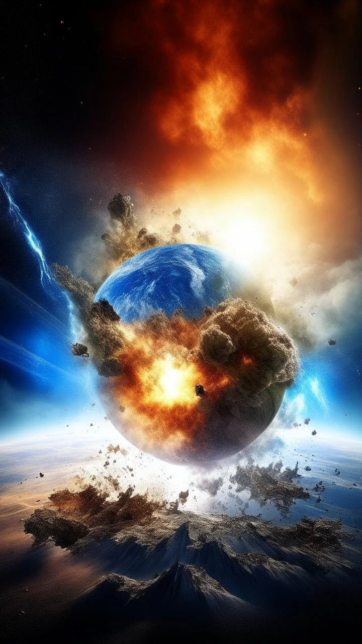 critical point abstract, a mediator colliding with earth in a big crash explosion in the sky