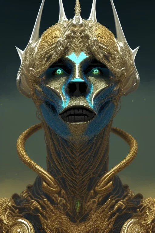 black male African alien, cracks in the head, wicked, Asian eyes, crown, blood, 8k, finely detailed, photo realistic, Boris Vallejo style turquoise skull head gold dragon space alien rain skeleton gold tooth silver helmet silver space suit spaceships