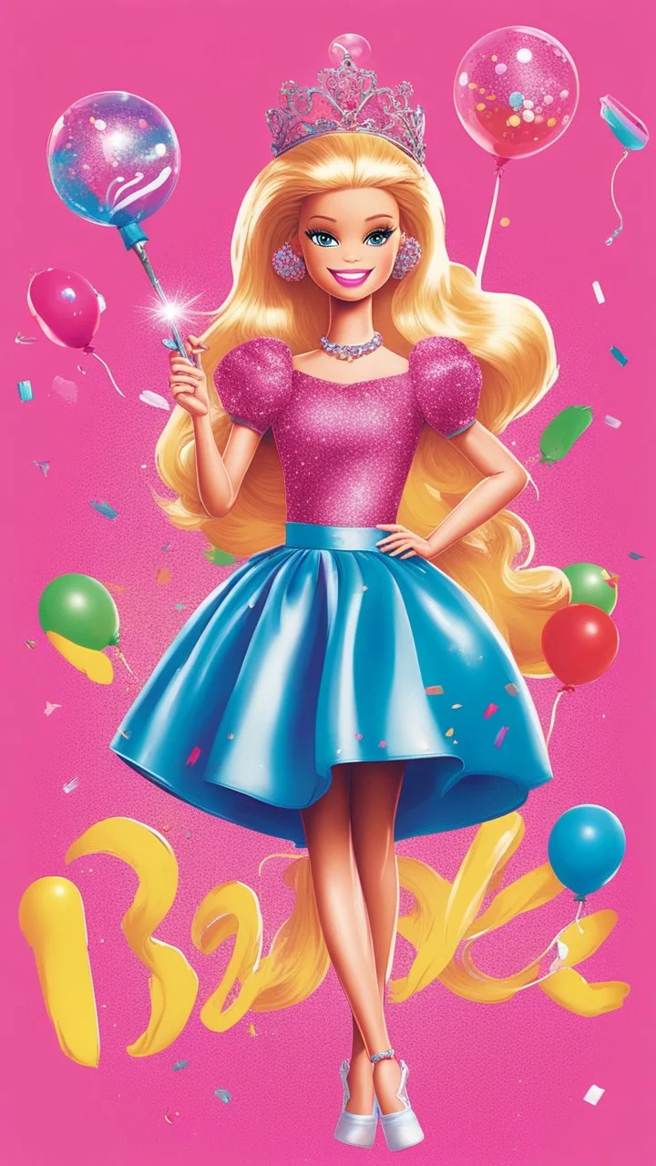 Visualize Barbie standing amidst a vibrant pink background, wearing her iconic pink outfit with a sparkling tiara atop her head. She's surrounded by playful elements like colorful balloons, confetti, and glitter. In one hand, she holds a magic wand, while the other hand is extended invitingly, gesturing towards the exciting activities waiting inside the book. The cover should exude a sense of enchantment, fun, and girlish charm, perfectly capturing the spirit of Barbie's world.