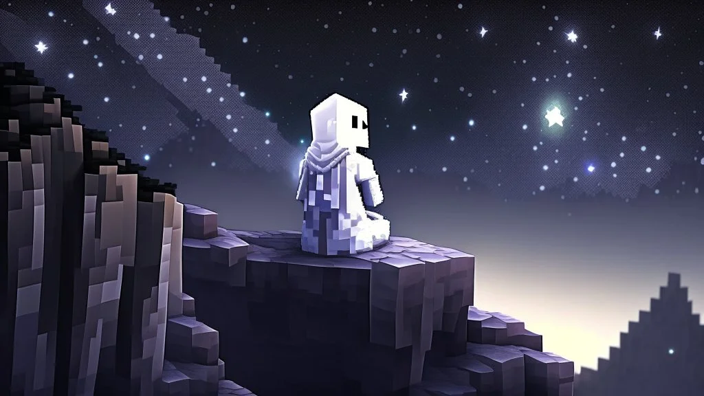 Minecraft Character, minecraft theme, purple starry sky, meditating, facing back, wearing gown, minecraft style, in between two cliffs, white clothes, edge to edge