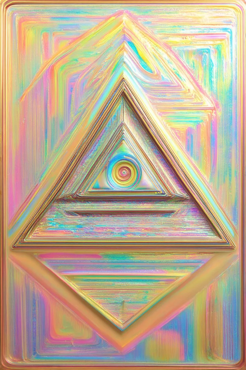 Impossible triangle inspired by Hundertwasser and Kandinsky; Golden Hour; Controversial; Mendacious; Audacious; Whimsical; sparkly Pale Fluid Metal Pastel palette