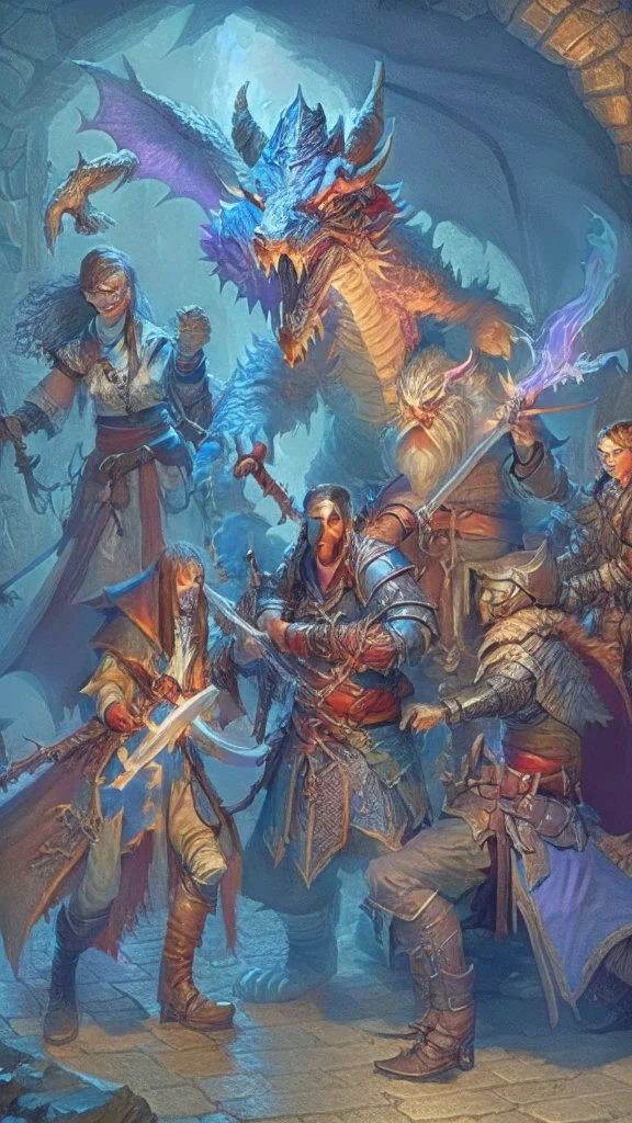 mage, warrior, bard, archer and cleric fighting a dragon