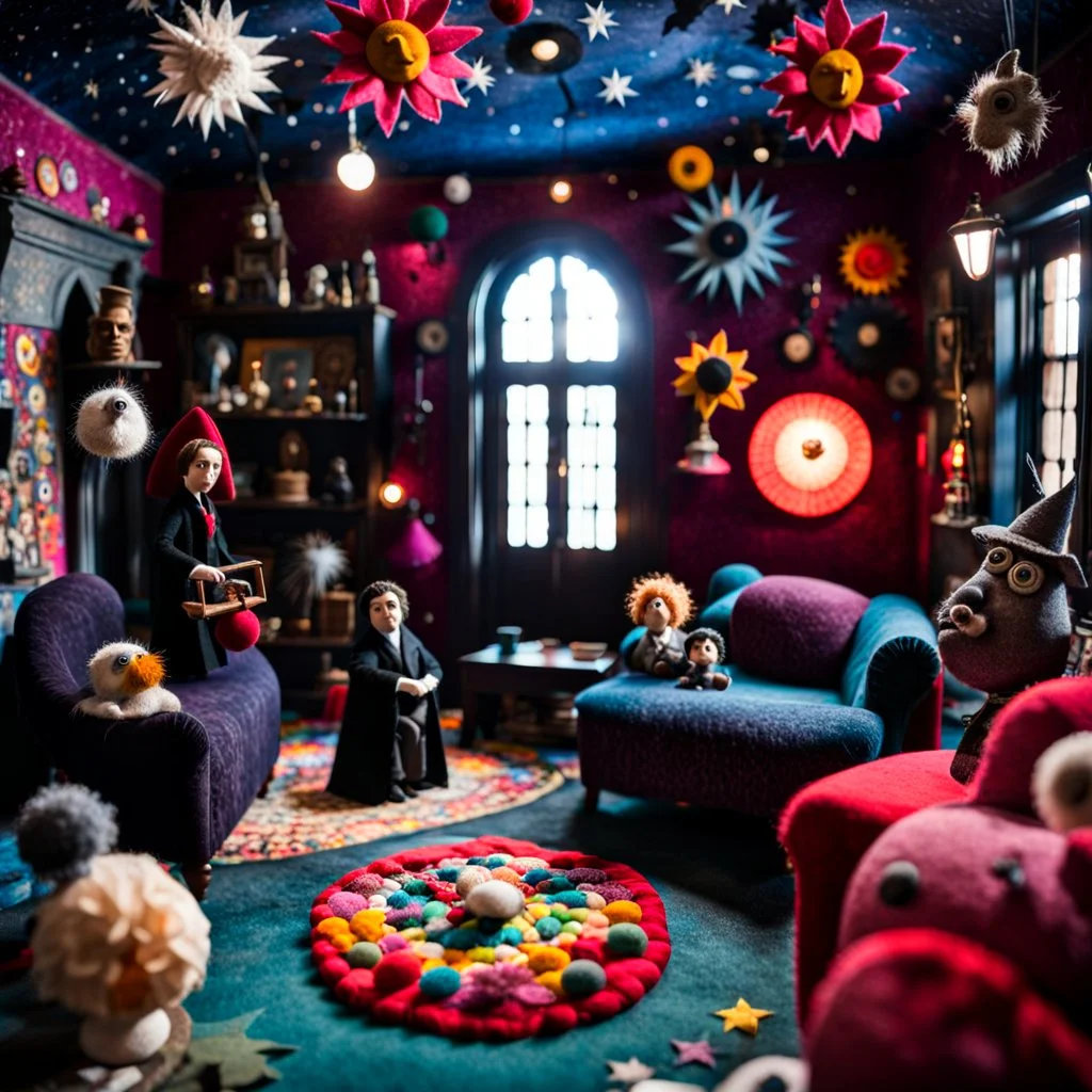 Detailed people, creepy living-room made of felt, naïve, vintage toys, sun, splops, puppets, volumetric light, flowers, naïve, Tim Burton, strong texture, orero dream, extreme detail, Max Ernst, decal, rich moody colors, sparkles, Harry Potter, bokeh, odd,