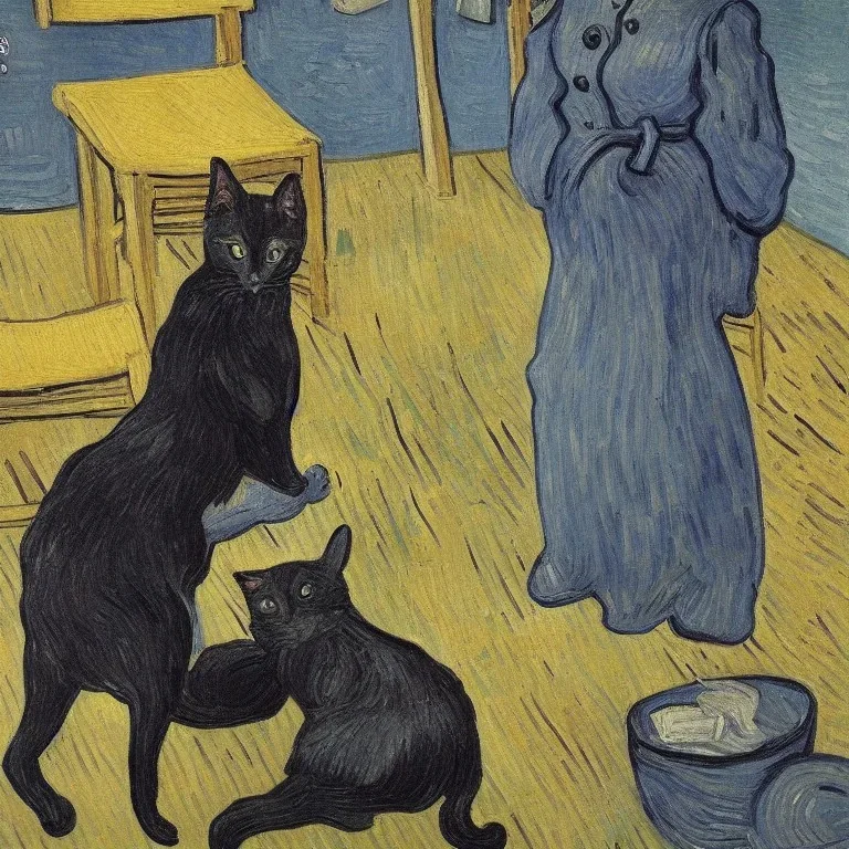 Pintura de vangogh con un gato gris y un perro negro