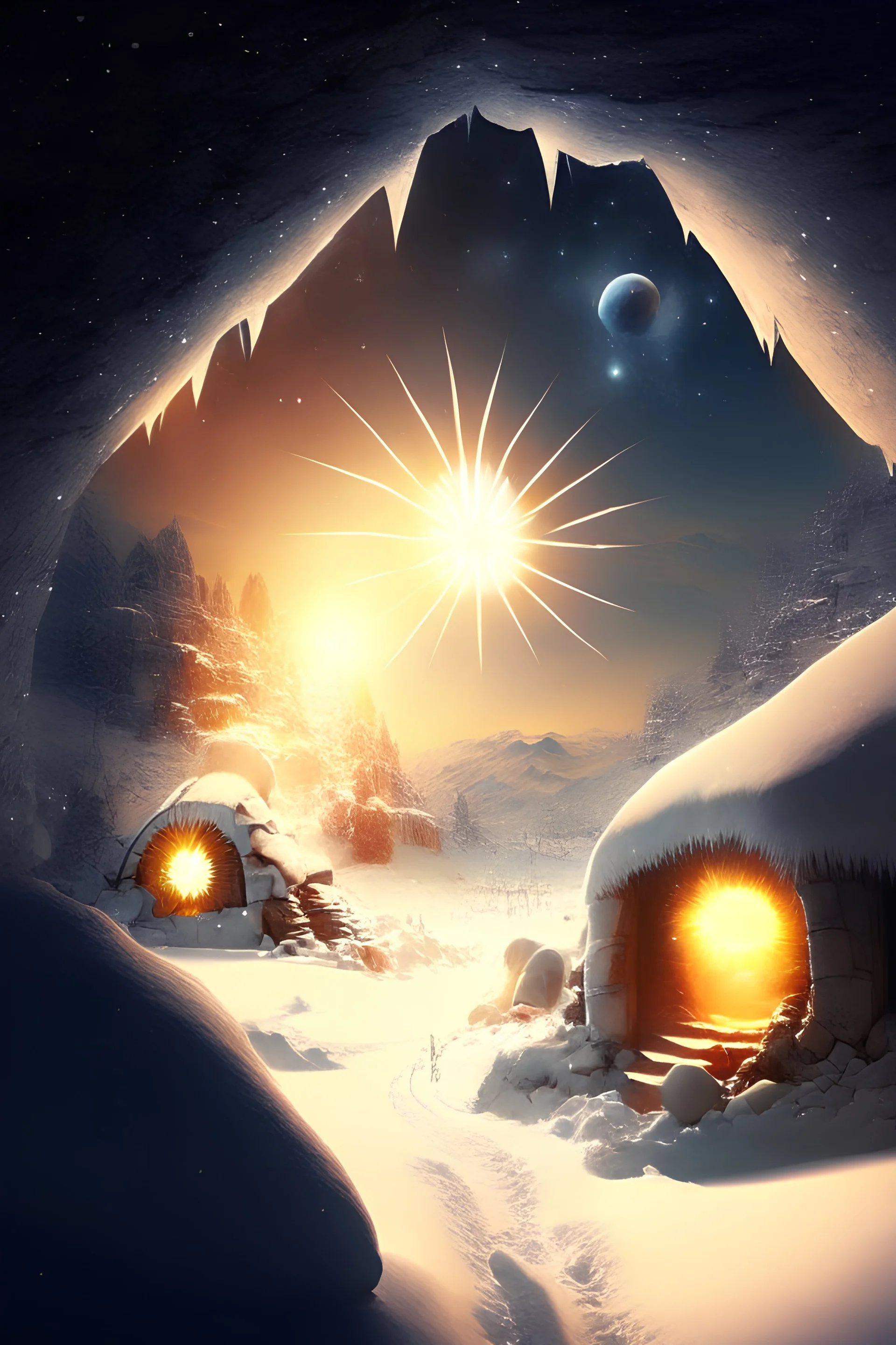 A village in the snow cave and two suns in space