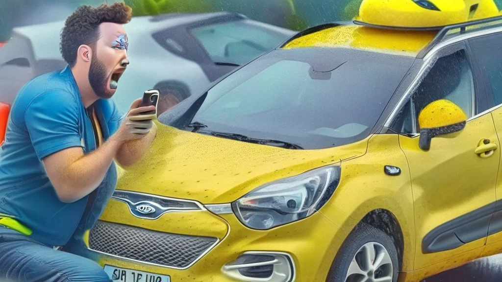 guy in hurricane arguing on cellphone next to his kia sportage shaped like a lemon