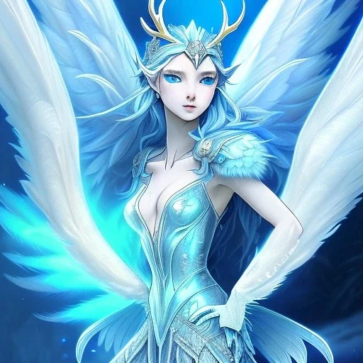 icy blue,beautiful wolfed creature ,feathers , anime, elve fae, majestic, ominous, ice, scales,frost on skin, dnd character portrait, intricate, oil on canvas, masterpiece, expert, insanely detailed, 4k resolution, retroanime style, cute big circular reflective eyes, cinematic smooth, intricate detail , soft smooth lighting, soft pastel colors, painted Rena