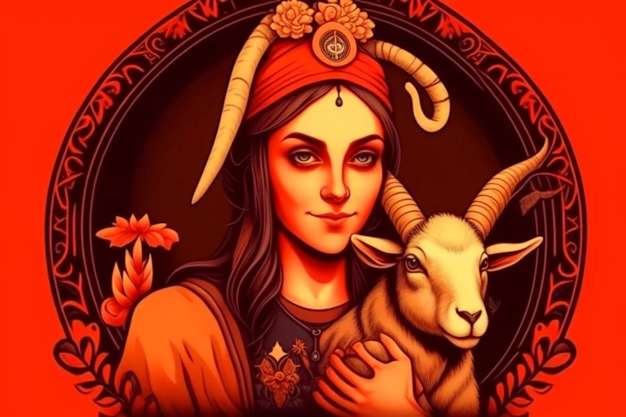 attractive woman with cute head of a goat, holding a human baby, baphomet