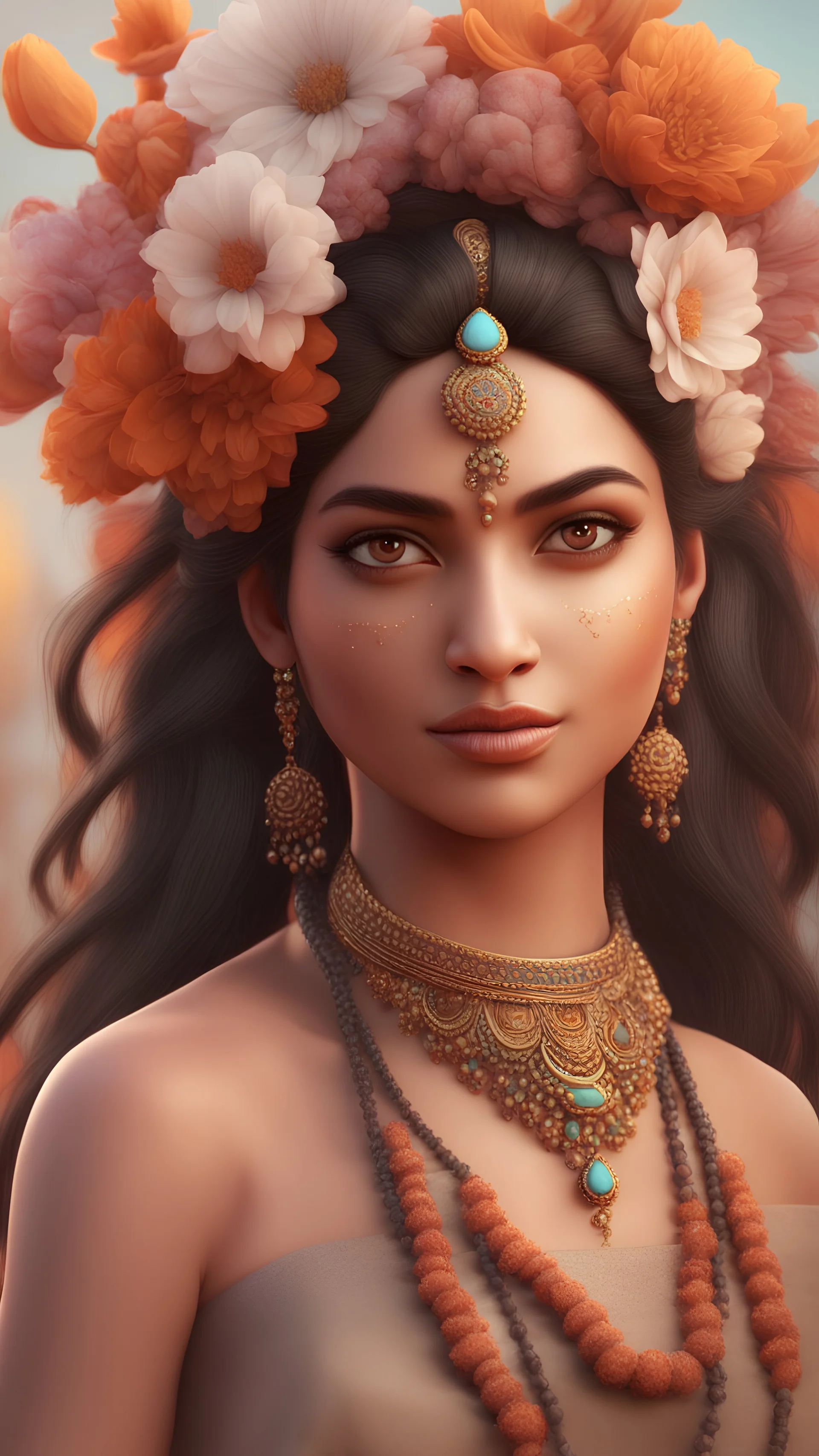 3D illustration of indian woman a background with flowers, illustration, smooth 3d digital art, exquisite thee-dimensional rendering, 4K, blender, c4d, octane render , disney style 3d light, Zbrush sculpt, concept art, Zbrush high detail, pinterest Creature Zbrush HD sculpt, neutral lighting, 8k detail