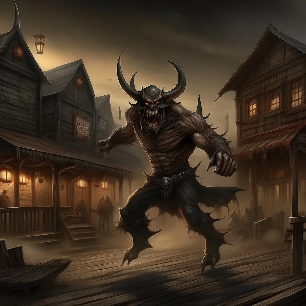 demon attacking wild west town grimdark realistic