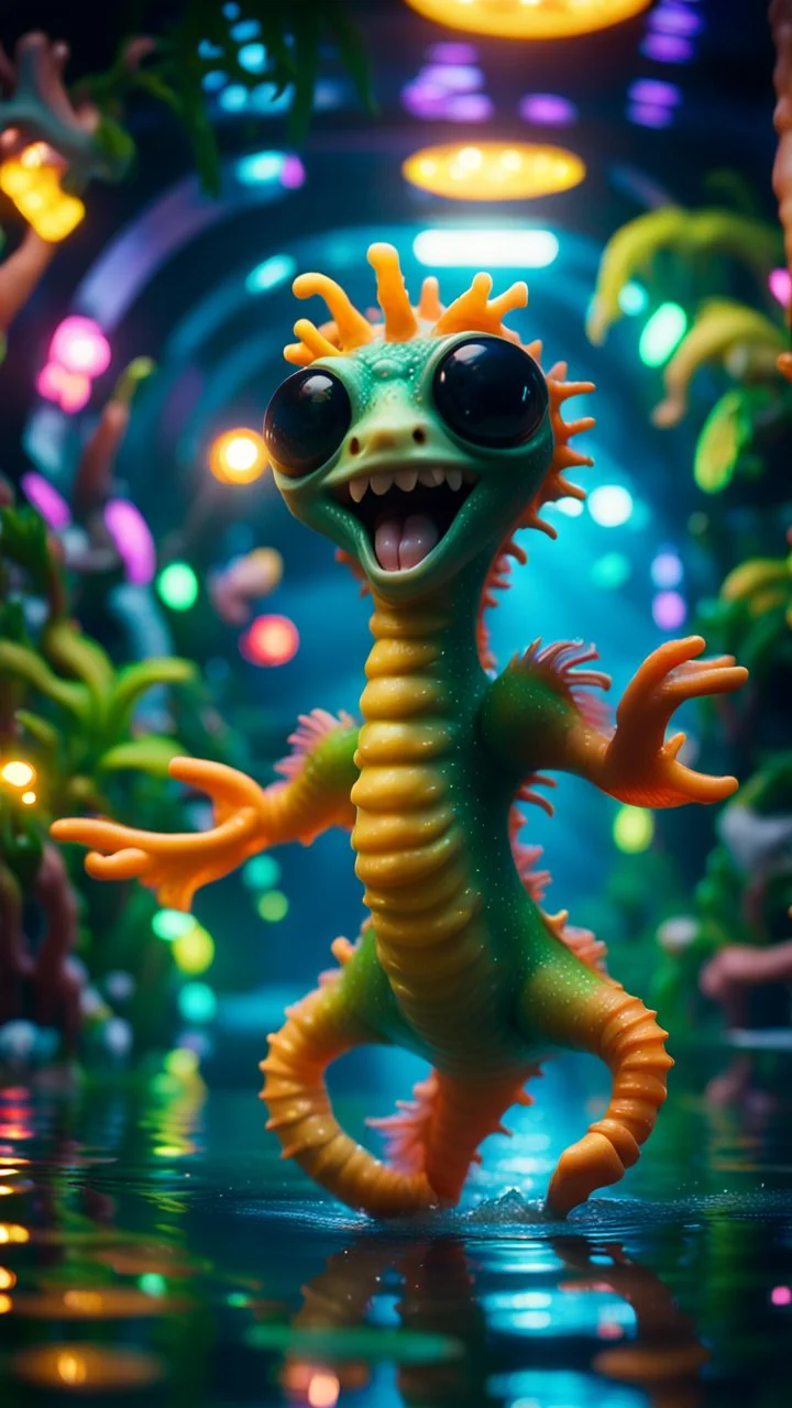 selfie by pimp rocker alien sea horse gremlin diving in water slide in the middle of crazy dance moves dancing in dark lit reflective wet jungle hall tunnel,bokeh like f/0.8, tilt-shift lens 8k, high detail, smooth render, down-light, unreal engine, prize winning