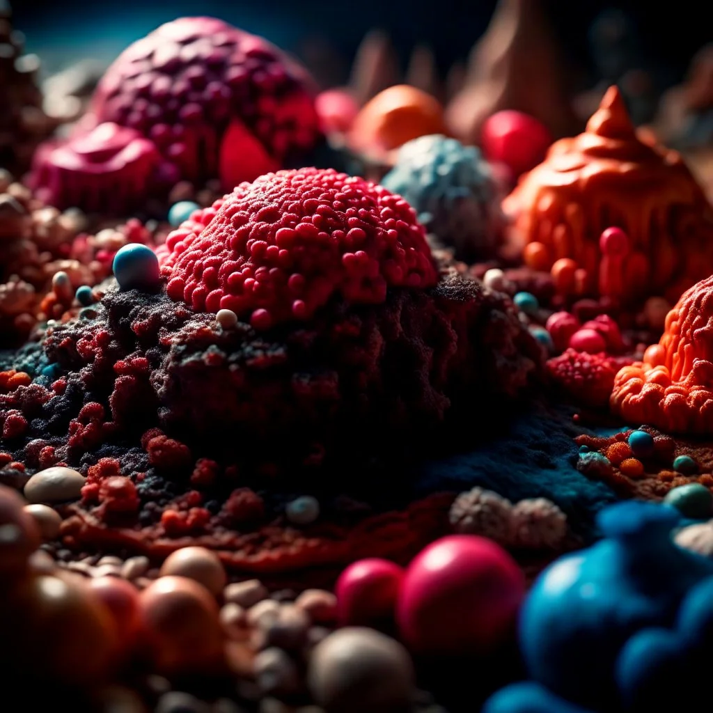 Close-up photograph of detailed creepy landscape made of cake-frosting, crystallizations, figure, animals, fungi, crystals, mineral concretions, sun, Amano, Roger Dean, strong texture, intricate, colours, Max Ernst, rich moody colors, bokeh, 33mm photography