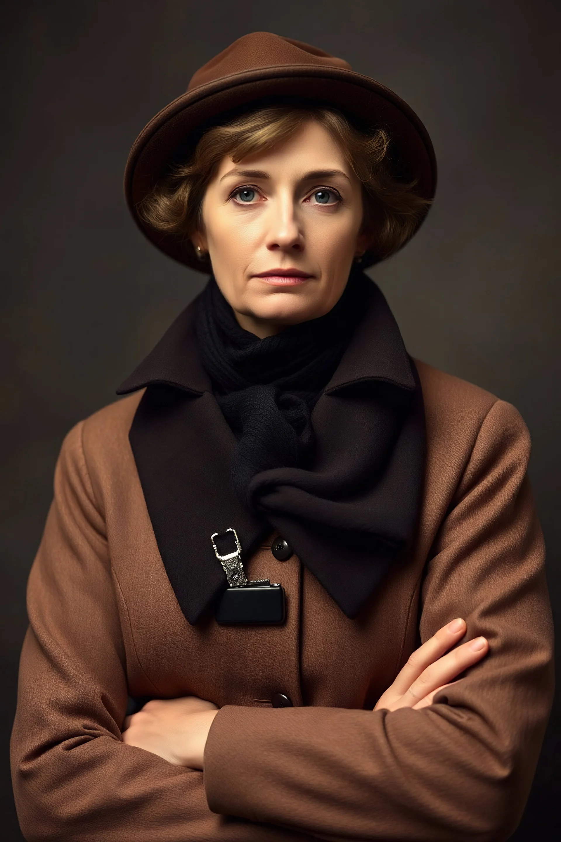 portrait of 1920 year old eastern european upper middle class middle age woman with a detective outfit