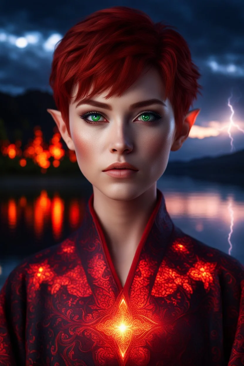 detailed eyes, female half elf, red classy short hair, detailed glowing ornamental magical pattern robe, glowing gem crackling with lightning implanted on robe, 8k, high detail, lake background, midnight, facing viewer, front facing