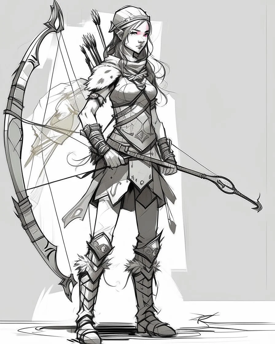 Girl Archer concept art, full body, sketch, coll style, bow