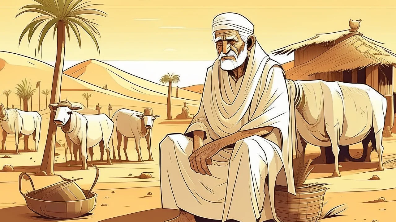 Old man, Arab, turban, white clothes, cattle, desert, council, sun, palm trees, mud houses, holding a stick, looking forward, a very slight smile.cartoon,Sitting on a chair,long beard