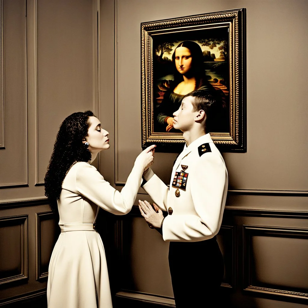 Mona Lisa comes out of the picture and kisses a young navy officer who is standing in the museum looking at her picture