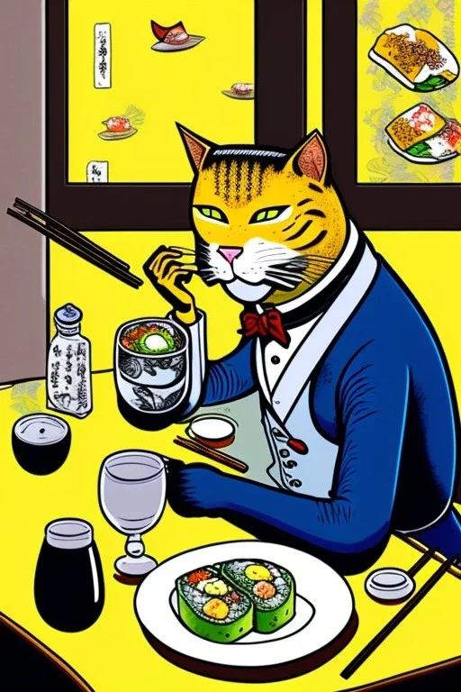 Cat, sitting at a table, eating sushi,perfect iris, ink and pencil, style Tintin