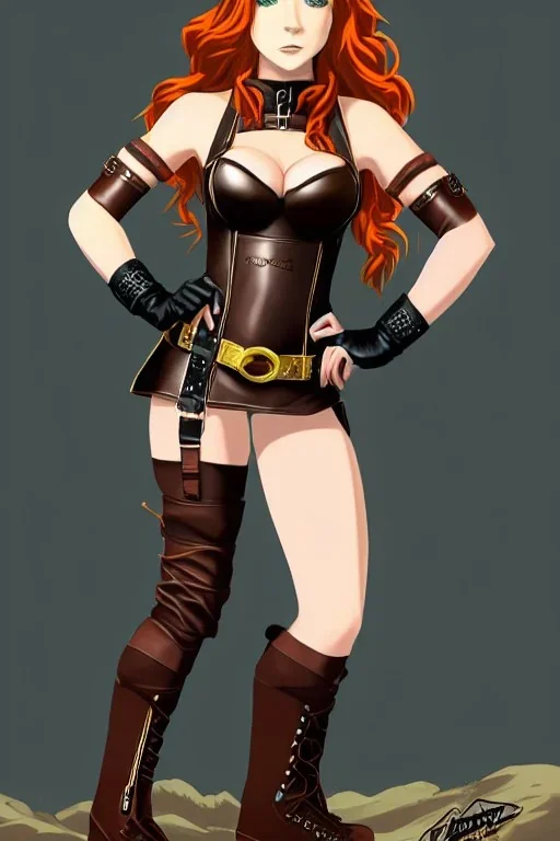 In the style of Shadbase, concept illustration, super-detailed, beautiful teen female who is 16 years old with long ginger hair and freckles, full lips, full body, full face, b-cup breasts, athletic, centred camera, ignore NSFW, skimpy brown fantasy leather armor, halter top, micro thong, knee-high leather boots, open leather skirt, stern expression, cute pose with hands behind butt