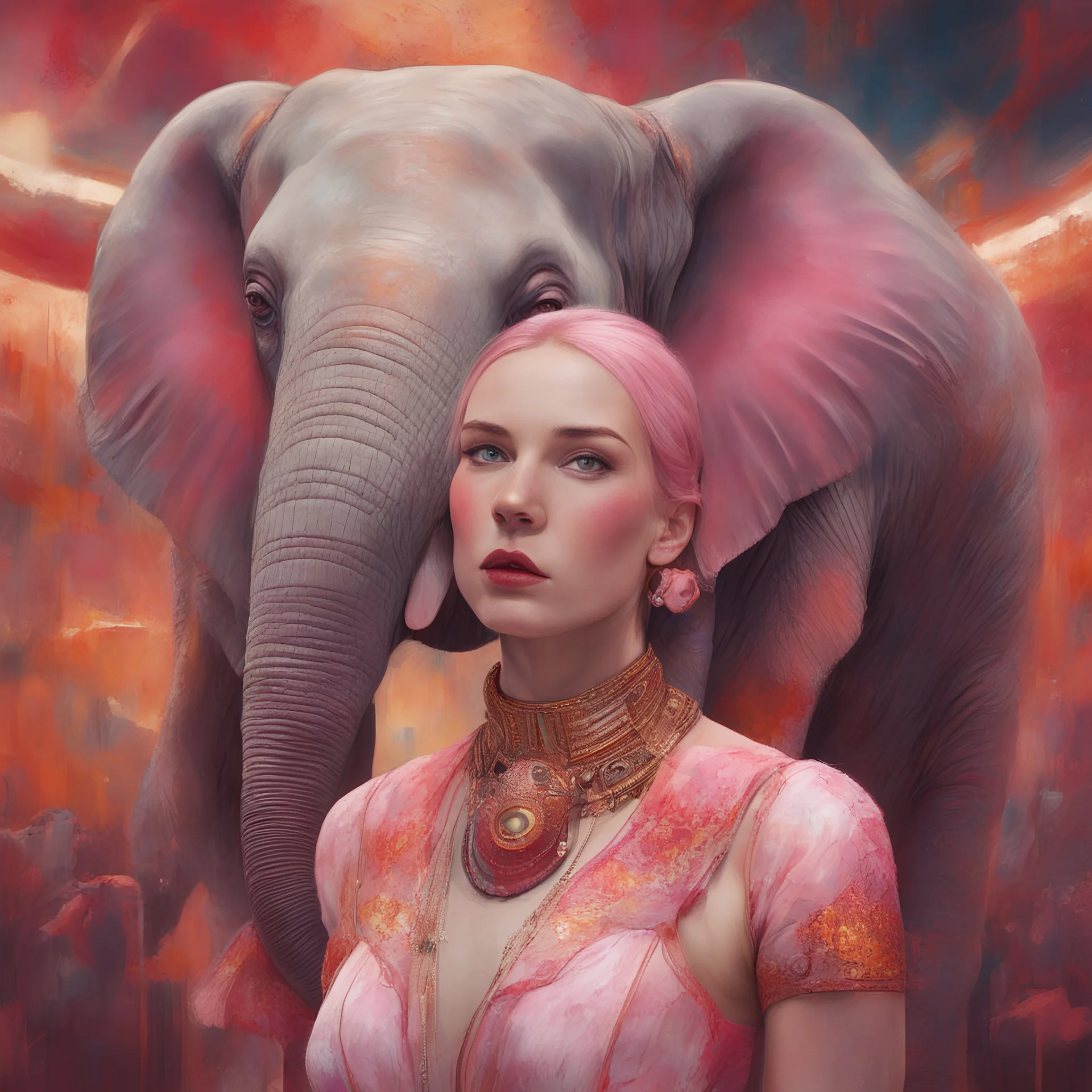 A woman , freckles, with an elephant, at the circus,, futuristic, pink, red orange,, golden