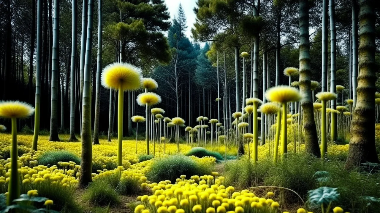 alien woodland trees looking like multi stemmed dandelions