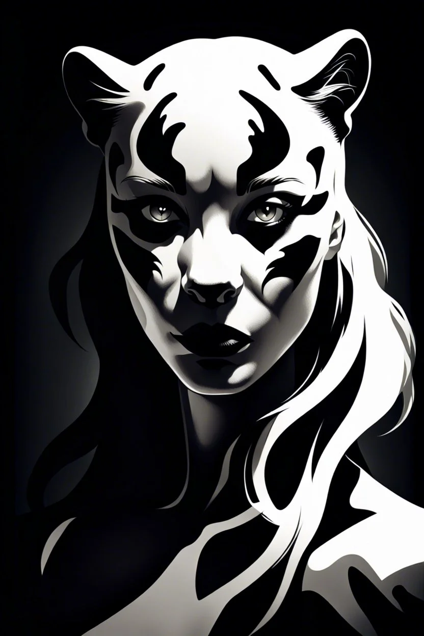 portrait of a women-panther mutant , monocrome color , amorphe dark-white shapes and shadows in background, high contrast, detailed, dark , noir, thriller, deep dark colors, gloomy, cinematic