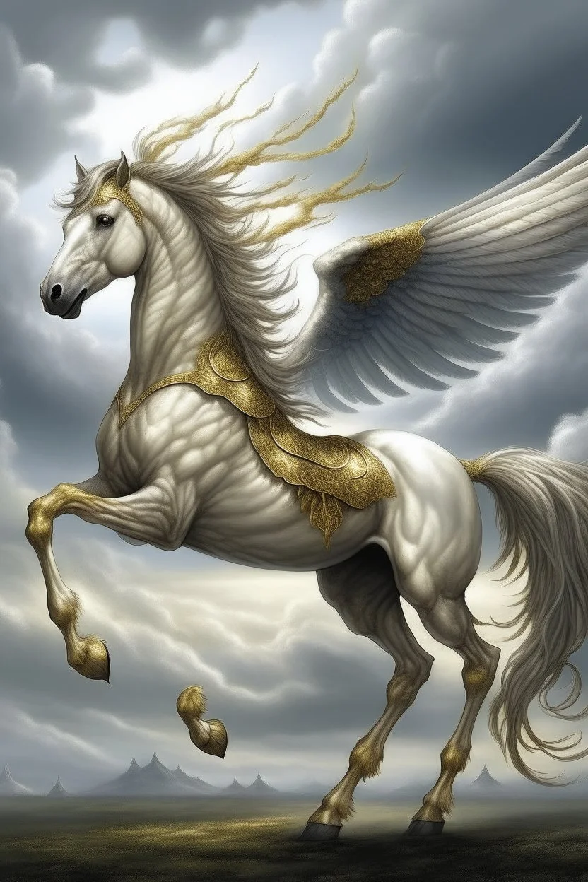 The image in question shows a white horse with golden wings standing on its hind legs. The horse is positioned in the center of the image, with a gray and cloudy sky as the background. The horse has a muscular and well-proportioned body. Its mane and tail are long and flowing. Its wings are large and wide, with golden feathers that shine in the sun. The horse is standing on its hind legs with its head raised and its wings spread. The expression on its face is determined and powerful. The image h