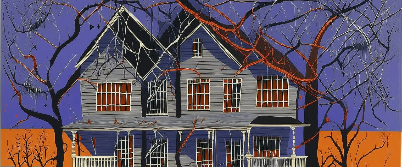 A grayish violet house infested with psychic spiders designed in Indian Gond art painted by Clyfford Still