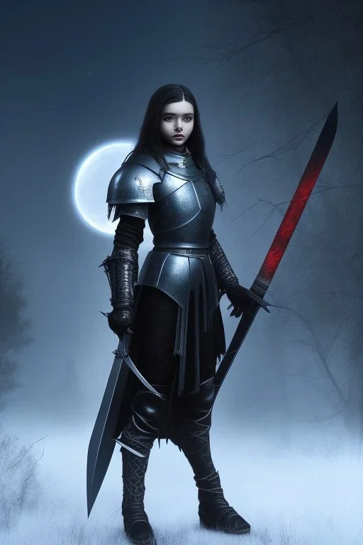 Wednesday Adams, in a black knight armour, holding an ebony sword, protrait, beautiful, high detail, night light, wasteland background