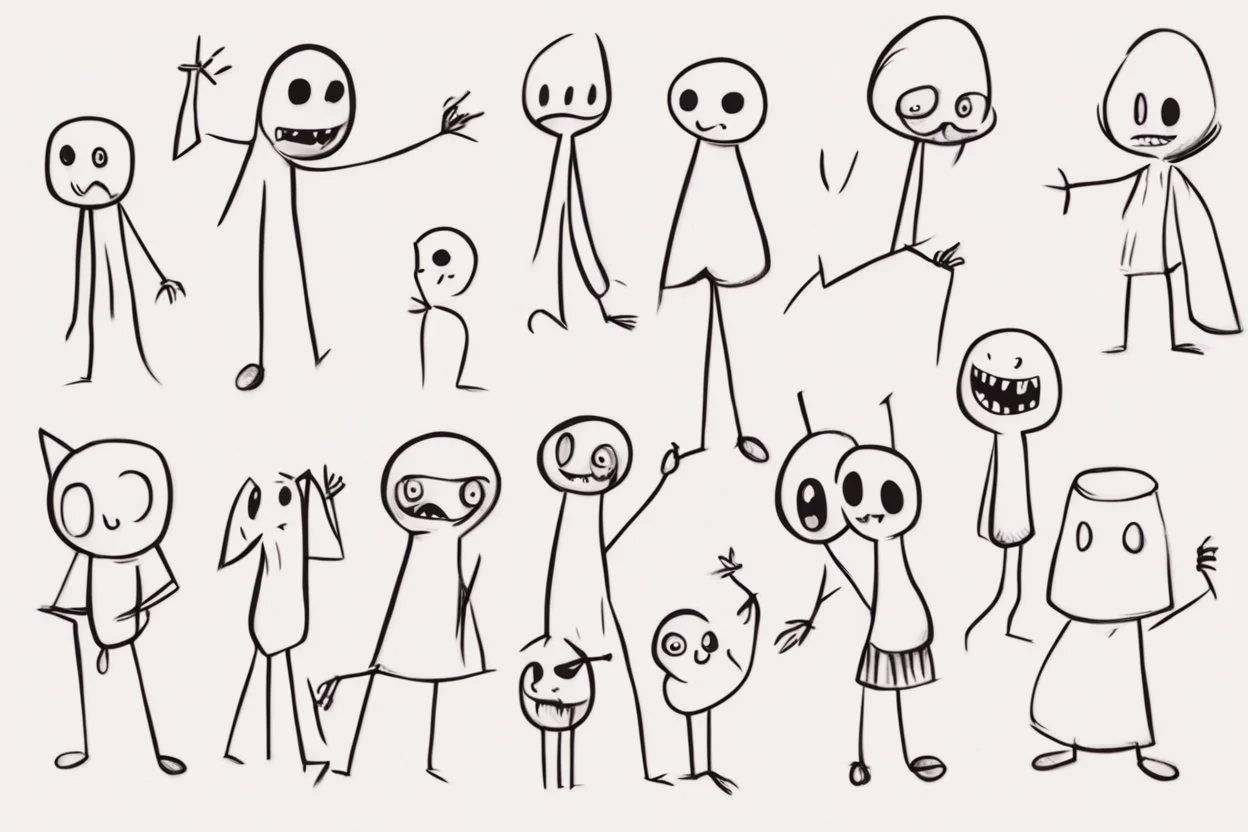 make a bunch of simple hand-drawn spooky and cute cartoon characters with bodies arms, and legs I could draw and make them all different make them looks like the 50s and 60s cartoon art