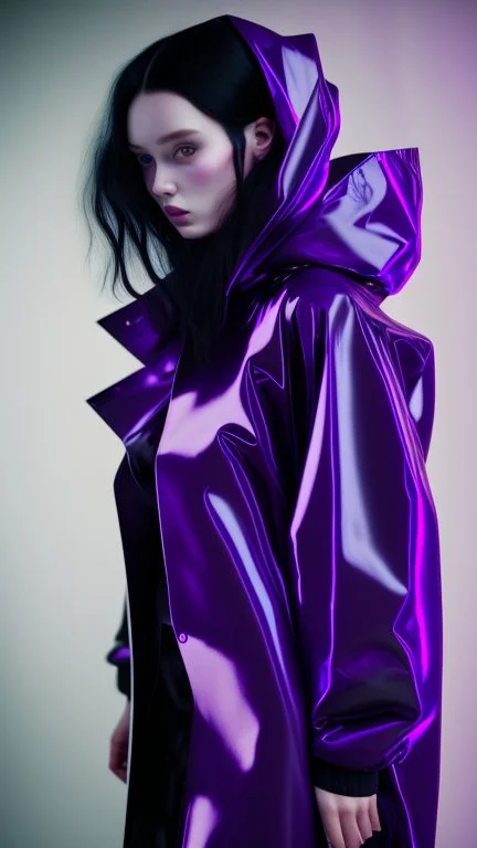 painting by koson ohara and marta bevacqua, portrait of a beautiful goth woman with long black hair, wearing a plastic raincoat, purple neon lighting, 8k, high quality, highly detailed