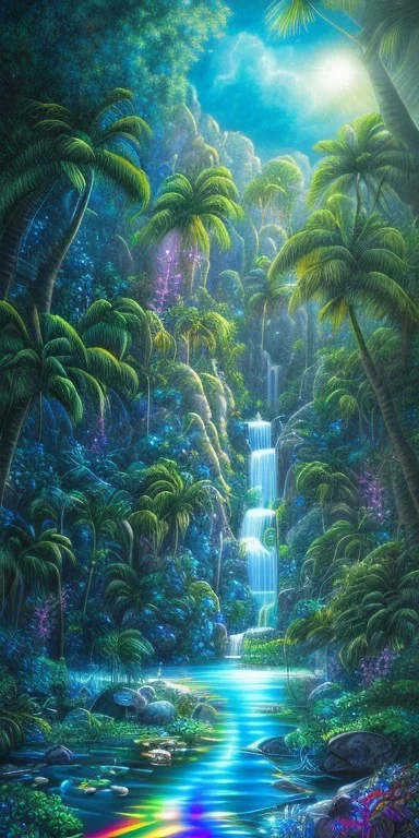 Triipy hawaiian rainbow turquoise neon waterfall with palm trees sparkling at night in a cave detailed realistic glowing