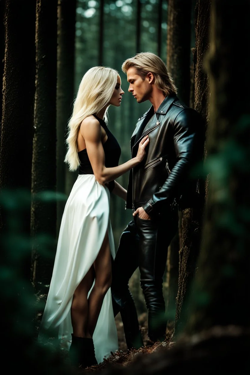 handsome muscular man with long brown hair, wearing a leather jacket, holding a beautiful delicate sweet young woman wearing a short white dress with long blonde hair, close up shot, romantic, fine details, high resolution, 4k, photorealistic. Forest Background