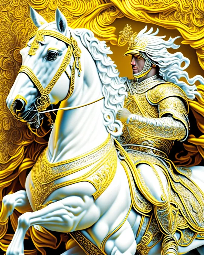 Alexander the Great on his horse finely intricate digital graphics hyper-detailed colors yellow cream silver and white full body 8k artwork