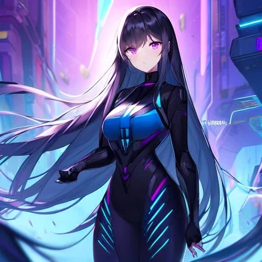 Clear focus,High resolution, Black long hair, Purple eyes, Wearing a Futuristic Popstar outfit