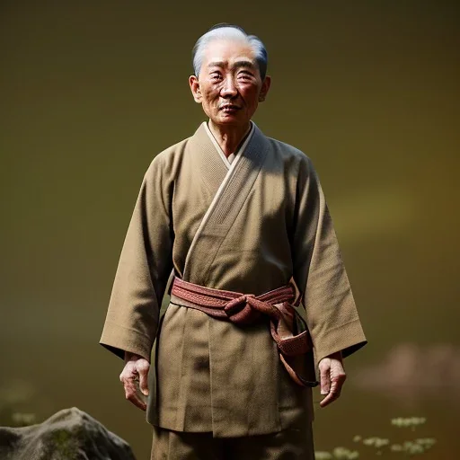 A man in old Japanese clothes is standing in nature while it is raining. It is winter , Raining, high quality , high details , unreal engine, dream style , magic style ,