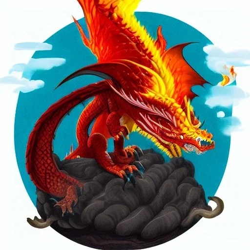 a multicolored dragon with fire blowing out of his mouth and red and black scales on a volcano on a ocean with lava realistic