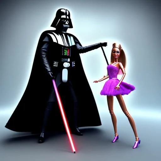 Barbie swordfighting with Darth Vader