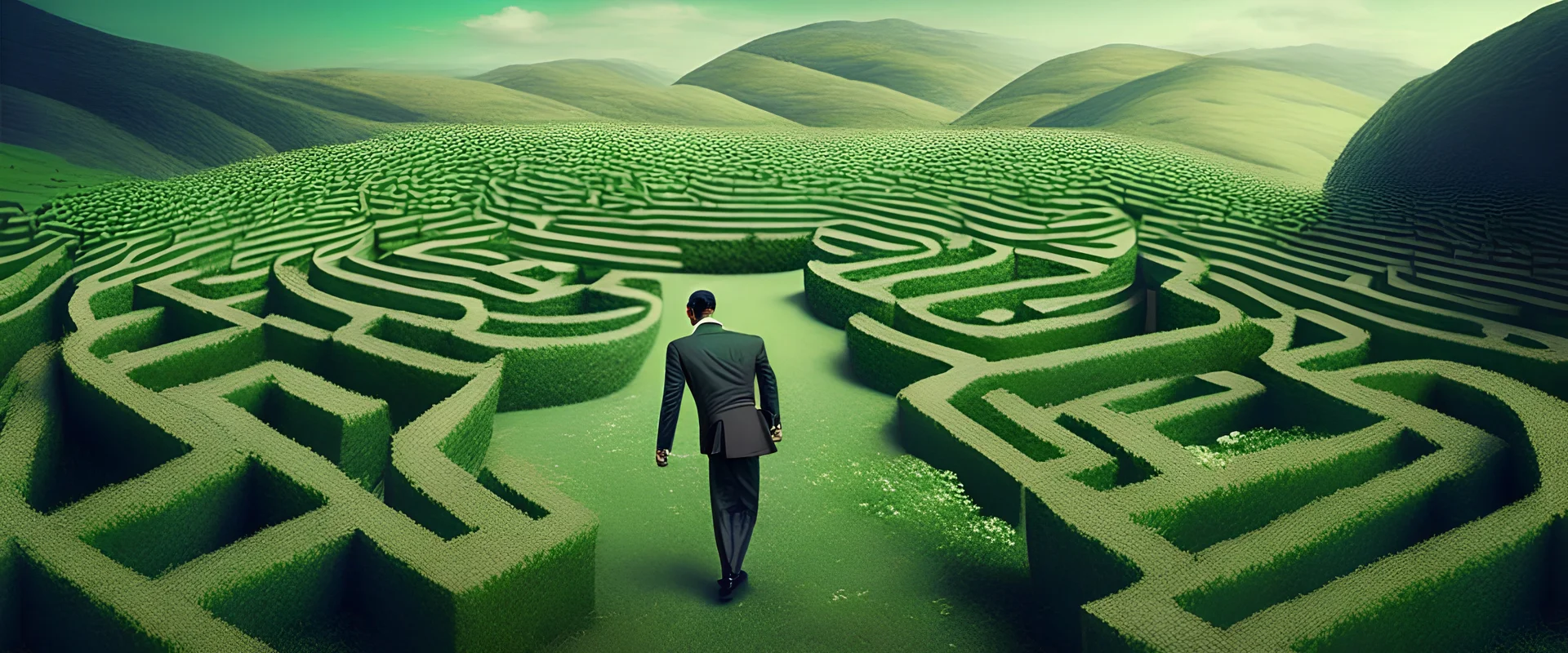 A Syrian man lost in a maze made out of bureaucratic documents. London and the green bountiful hills of England are at the end of the maze, very distant and far away.