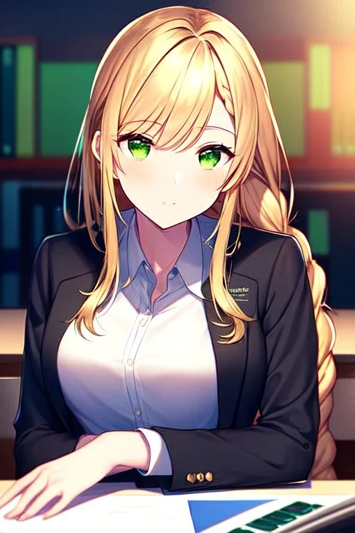 girl, masterpiece, best quality, cinematic lighting, detailed outfit, perfect eyes, golden hair, green eyes, long hair, braided ponytail, office lady, side shot, working at desk,