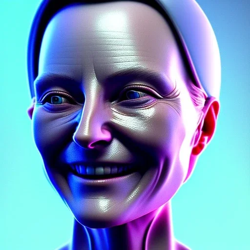 mother smiling, close-up head, cyberpunk, realistisch, light, ray-tracing, view from left, plastic skin