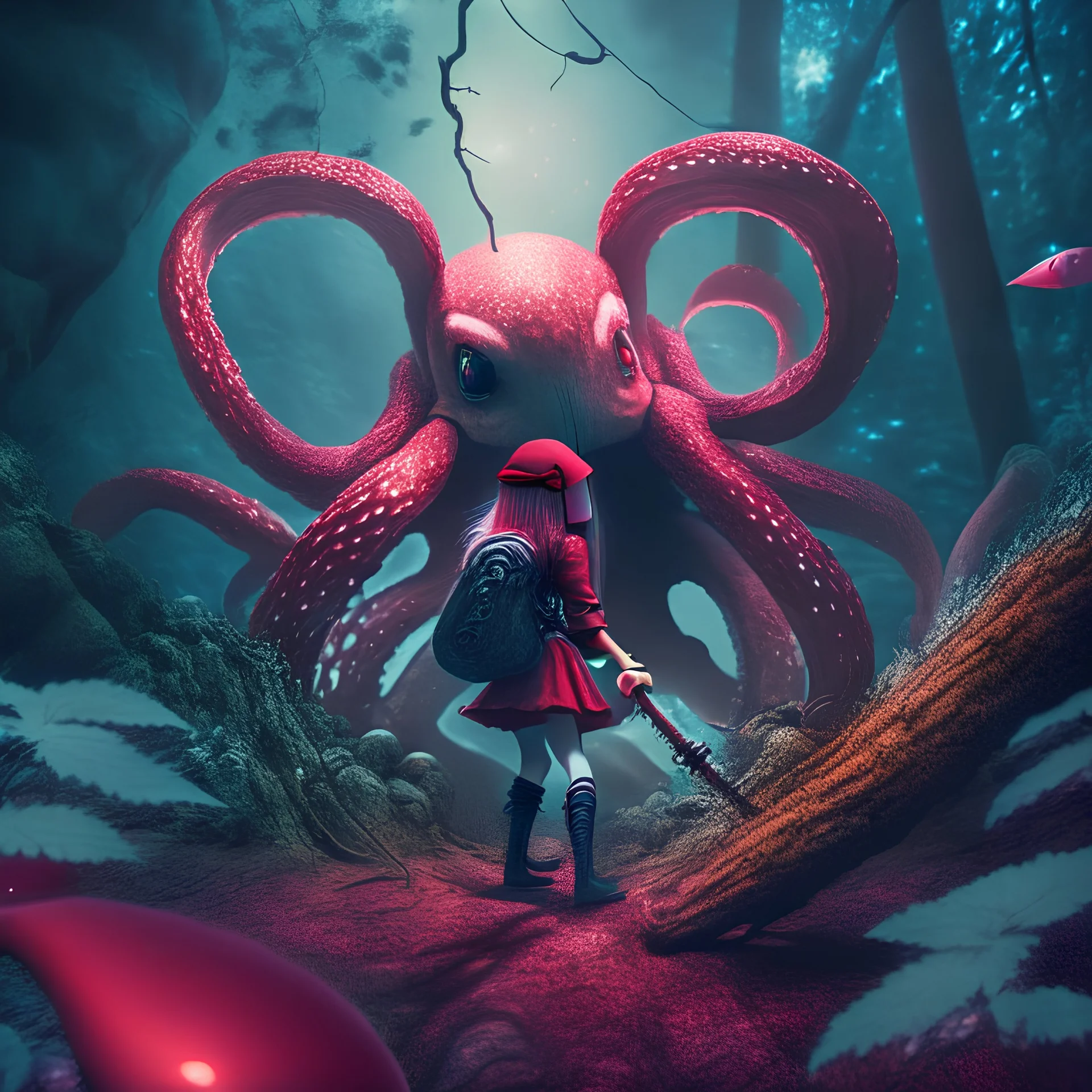 giant octopus enchanted, girl enchanted with katana protect a bunny, in the forest, cliff enchanted, enchanted meteor falling behind, darkred tones, 8k, macro photography,