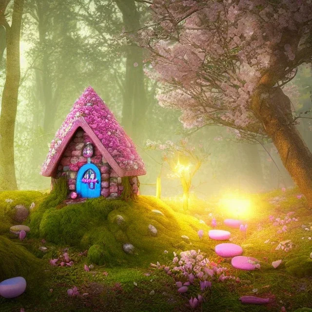 a fairy house in the woods, spring, pastel candies, 8k, flickering light, centered, high-quality, fine-detail, digital art, detailed matte, volumetric lighting, illustration, 3D octane render