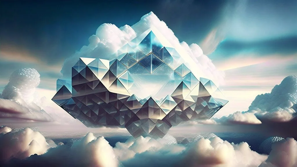 incredible geometry giant crystal building over the clouds